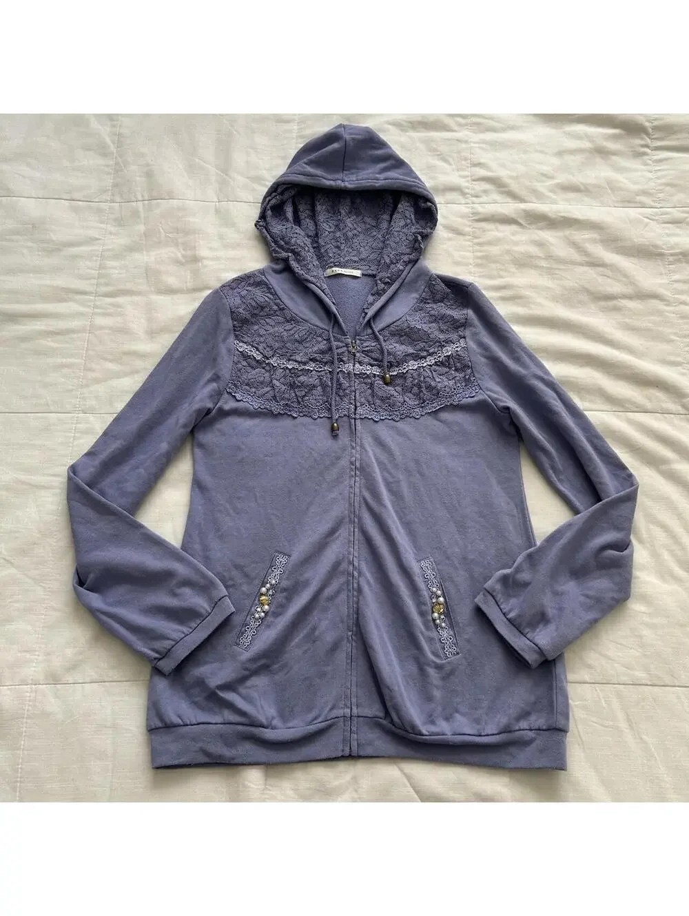 Axes Femme Periwinkle Purple Lace Pearl Zip Up Hoodie Medium Japan